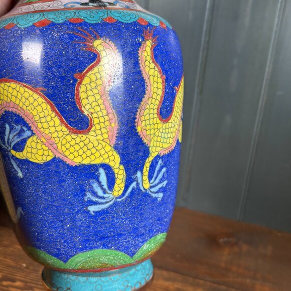 Large Vintage Cloisonne Dragon Vase 10" Copper Enamel Asian Decor Chinese Style - Picture 15 of 17